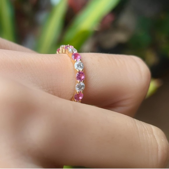 18k Diamond Pink Sapphire Eternity Ring Band - Picture 9 of 10